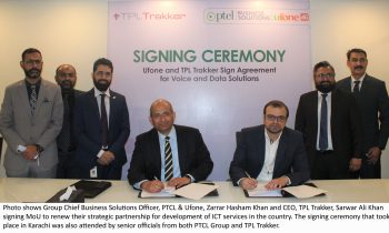 The MoU was signed at TPL Trakker head office in Karachi by Zarrar Hasham Khan, Group Chief Business Solutions Officer, PTCL & Ufone and Sarwar Ali Khan, CEO, TPL Trakker, in presence of senior officials from both organizations.