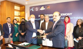 Federal Education Minister Shafqat Mehmood, CEO Telenor Pakistan, Irfan Wahab Khan and Chief Corporate Affairs Officer Telenor Pakistan, Kamal Ahmad