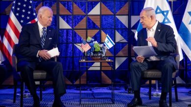 Joe Biden, left, meets with Benjamin Netanyahu, right, to discuss the ongoing conflict between Israel and Hamas