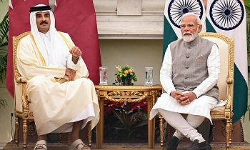 Qatar’s Emir Sheikh Tamim bin Hamad Al-Thani (L) and India’s Prime Minister Narendra Modi attend the signing of memorandum of understanding agreements at the Hyderabad House in New Delhi on February 18.